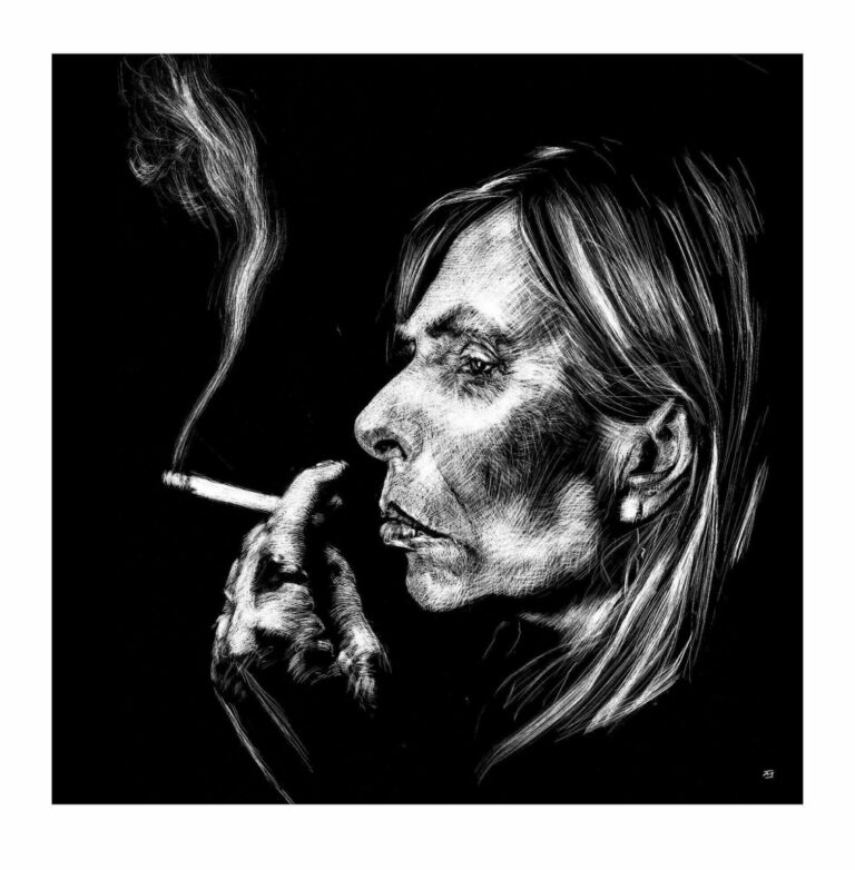 Silketrykk av Joni Mitchell laga av Marvin Halleraker